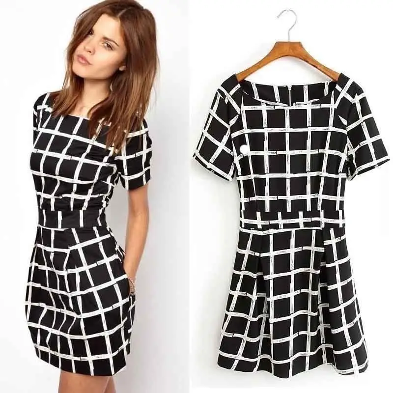 2014 Summer Fashion Women Short Sleeve Black Plaid check Slim Dress Party Gown | Женская одежда