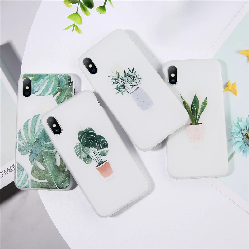 

Ottwn Palm Frond Potted Plant Case For iphone 6 6S 7 8 Plus 5 5S SE XS Max XR X Soft Silicon Translucent Flower Cases Cover