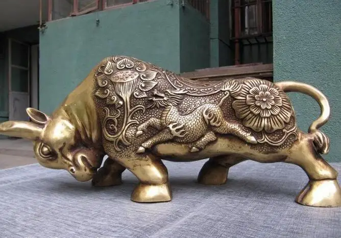 Тибетский изысканный Uniquel brass found kylin lotus flower lotiform статуя быка | Дом и сад