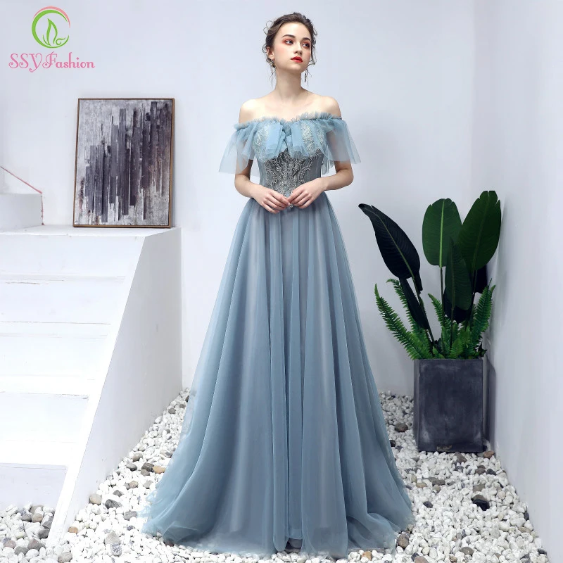 

SSYFashion New Evening Dress Banquet Noble Elegant Grey Blue Appliques Beading Floor-length Formal Party Gowns Robe De Soire