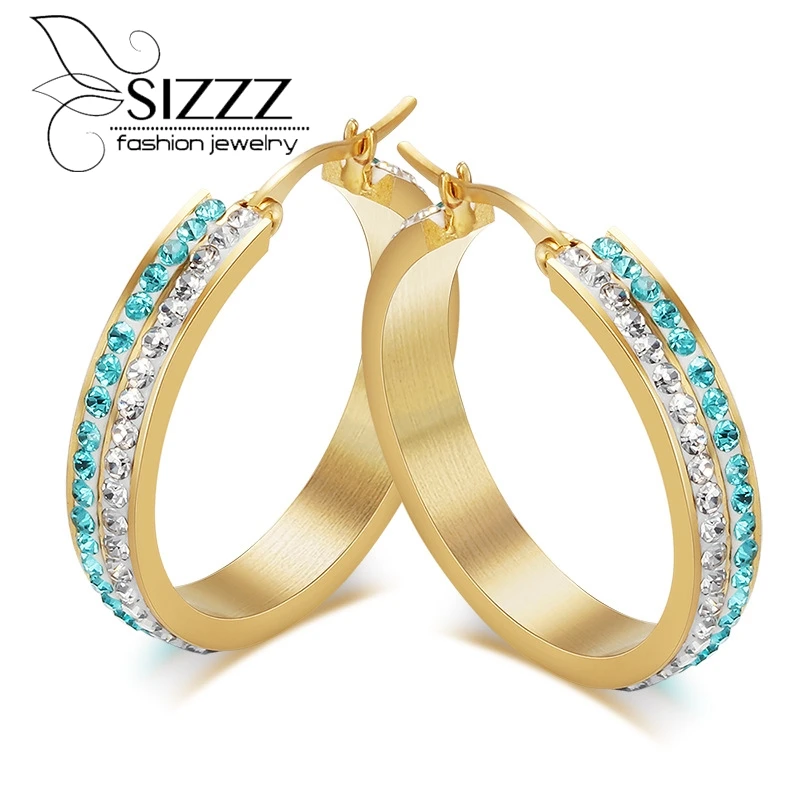 

Fashion 2 Row Crystal Hoop Earrings For Women Gold Filled Stainless Steel Large Earrings Ladies Gift
