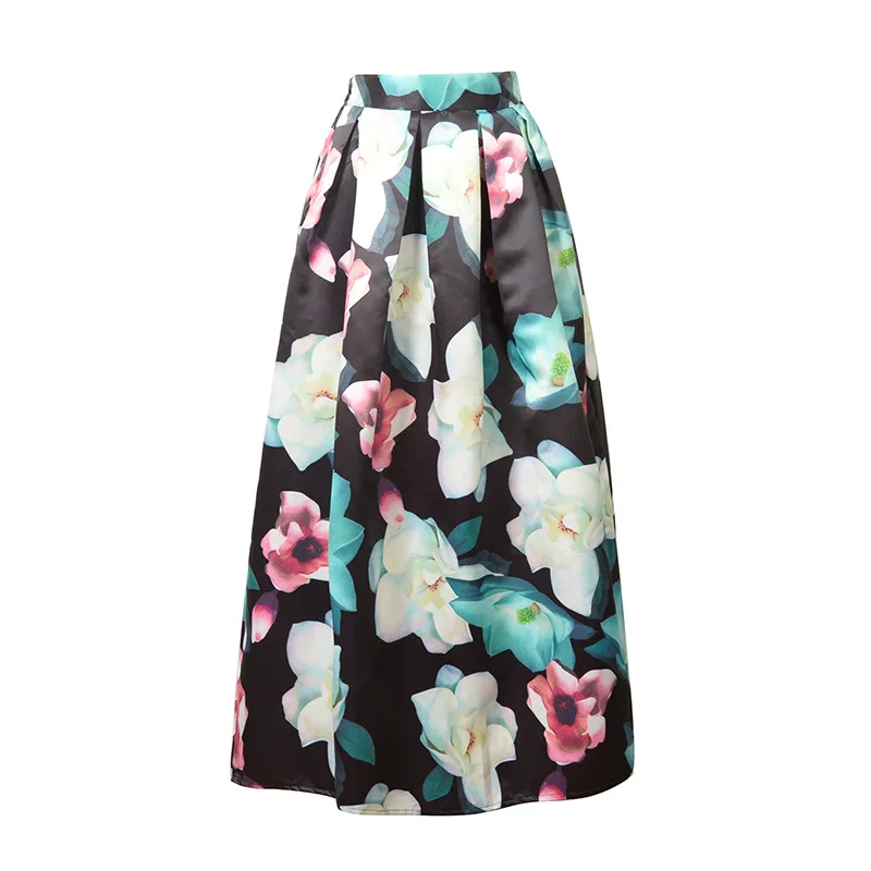 Мусульманская женская 100см непрозрачная модная сатиновая длинная юбка винтажная расклешенная розовая Цветочная расцветка Высокая талия плиссированная макси юбка SK096 - Цвет: as picture