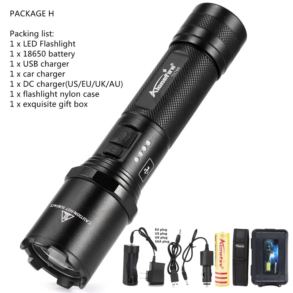 AloneFire TK700 CREE L2 светодиодный светильник с зарядкой от USB, тактический фонарь, мигающий фонарь для самообороны, полицейский рабочий светильник 18650 - Испускаемый цвет: PACKAGE H