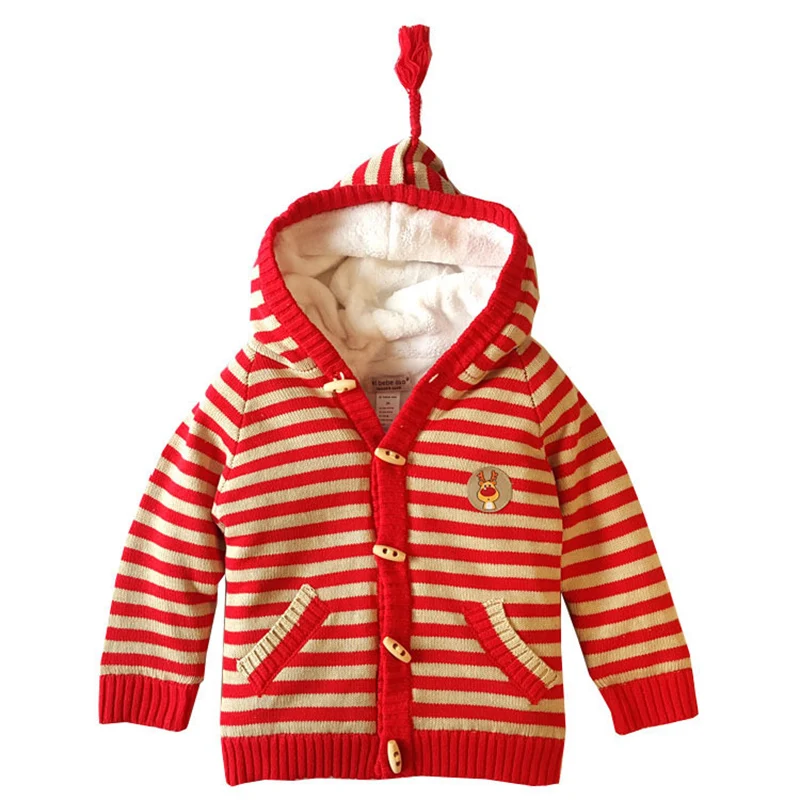 

Winter Sweaters For Baby Girls Autumn Boys Hooded Fleece Cardigans Striped Knitted Jackets for Children Kids Long Sleeve Sweater