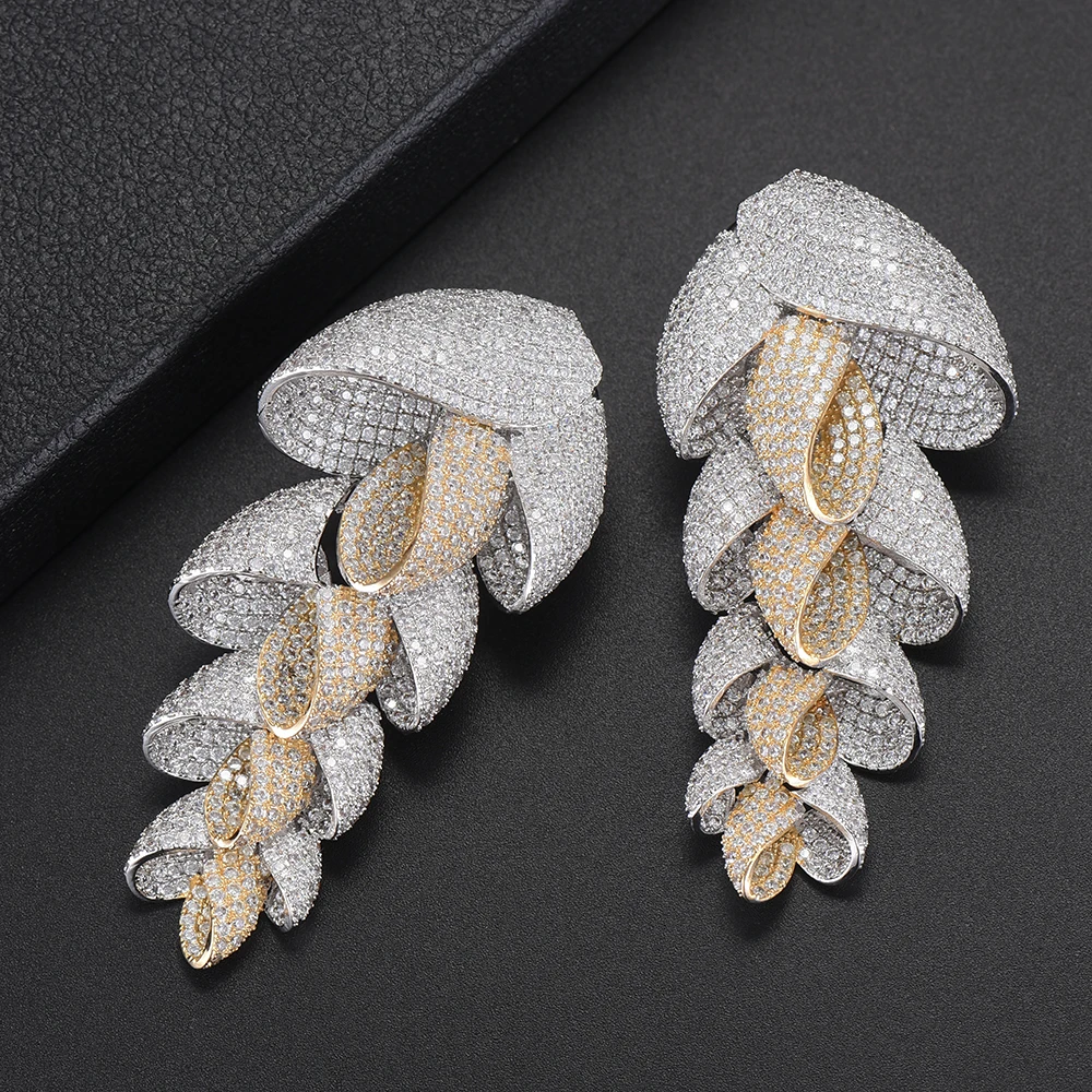 

35*73 mm Fashion Big Earrings Feather Shape Full Cubic Zirconia Inlaid Dangle Drop Earrings Statement Jewelry For Indian Bridal
