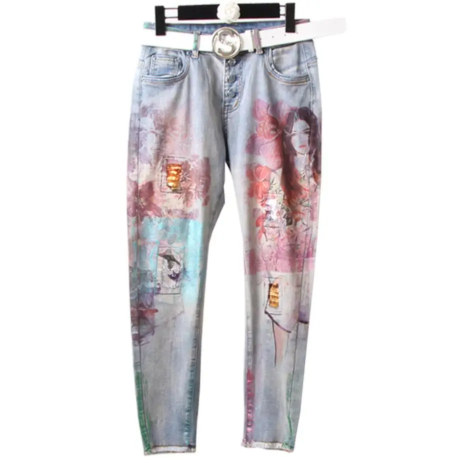 Novio Belleza Impresión Skinny Casual De Denim Light Tamaño Vintage Agujero Plus 32 Blue Mujer Lápiz Jeans 25 La Ontq16wZ7x