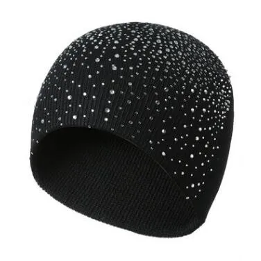 XdanqinX, осенне-зимняя женская шапка, стразы, головные уборы, украшение, теплая шапочка, шапки, стиль, Модная вязаная шерстяная шапка для женщин - Цвет: black