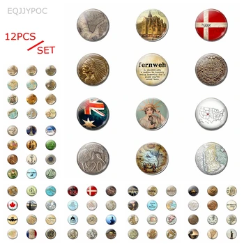 

Fridge Magnet Souvenir 12pcs/set 25MM Map Flag Attractions Glass Cabochon Magnetic Refrigerator Sticker Home Decor Traveler Gift