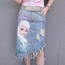 Европа Новинка летняя женская мода 3D мультфильм картина кисточкой Асимметричная джинсовая юбка женская уличная юбка подчеркивающая индивидуальность джинсы