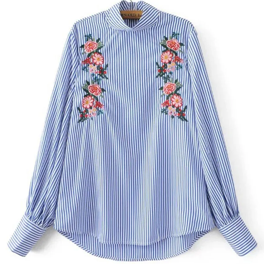 Women Blue Striped Embroidery Shirt Long Sleeve Turtleneck