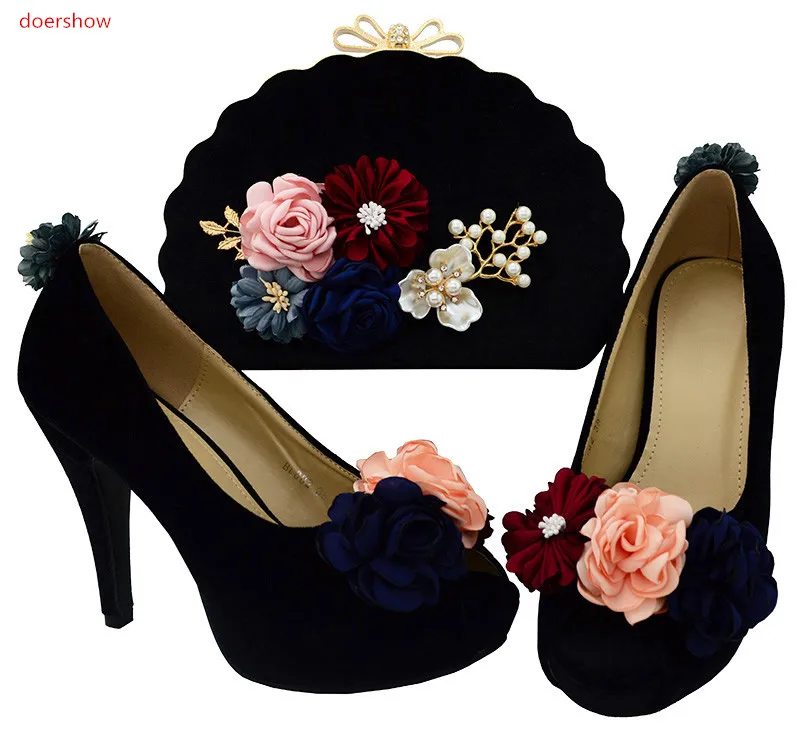 

doershow Matching Italian Shoe and Bag Set African Women Crystal Wedding Party Peep Toe Rhinestones Pumps Sandals & Bag BO1-13