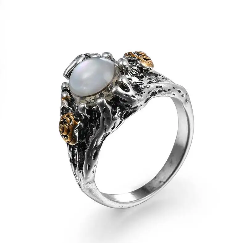 

Vintage Moonstone Oval Ring For Women Jewelry Rose Flower Finger Ring Female Charming Jewelry Gift