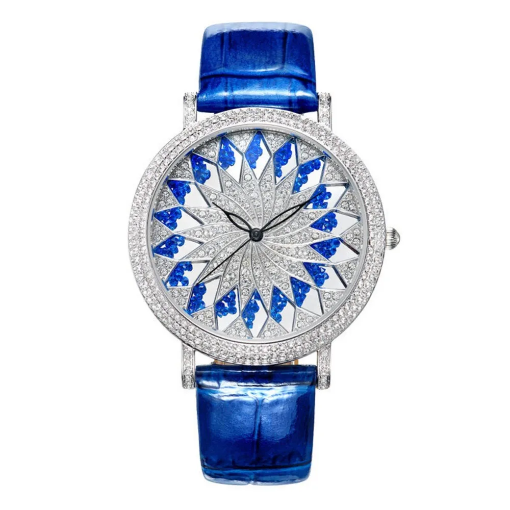 MATISSE Fashion Snowflake Full Crystal Dial Case Leather Strap Women Fashion Quartz Watch Blue
