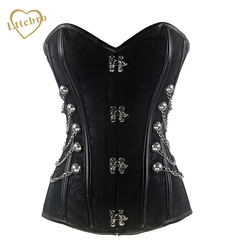 

Black Corset SteamPunk Steel Boned Stud and Chain Detail Waist Overbust Corset S M L XL XXL Plus Size Corset