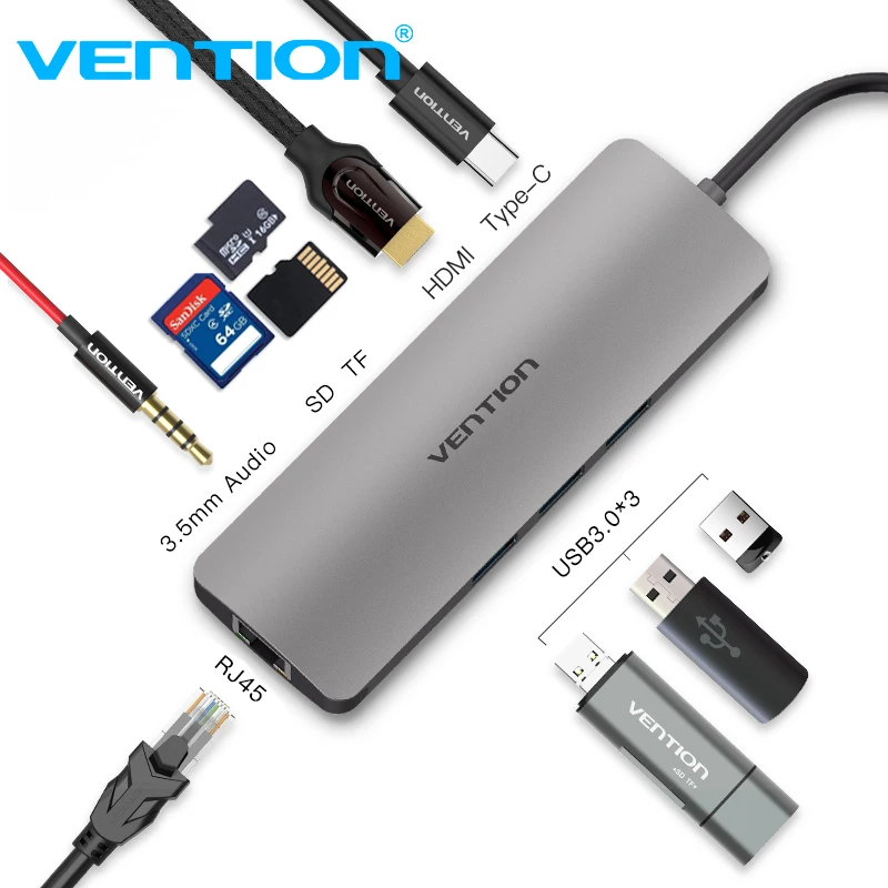 

Vention USB Type C To HDMI USB 3.0 HUB Thunderbolt 3 RJ45 Adapter for MacBook Samsung Huawei P20 Pro USB-C HDMI Docking Station