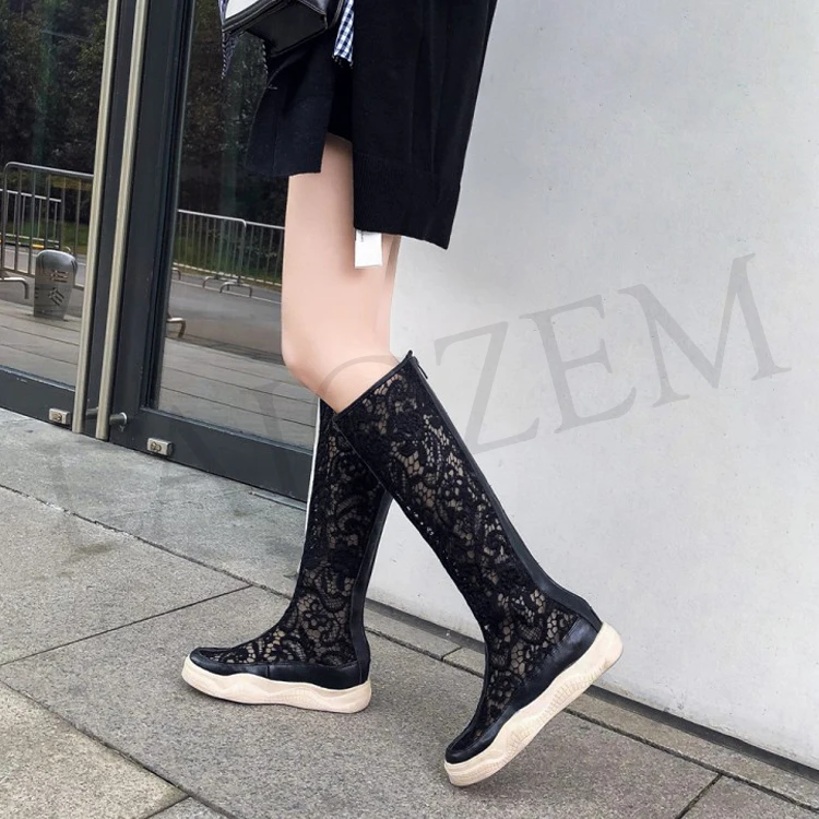 LAIGZEM GRACE Women Knee High Boots Lace SUMMER Boots Flat Thick Bottom Botas Shoes Woman Bottes Femme Small Big Size 32-46 (3)