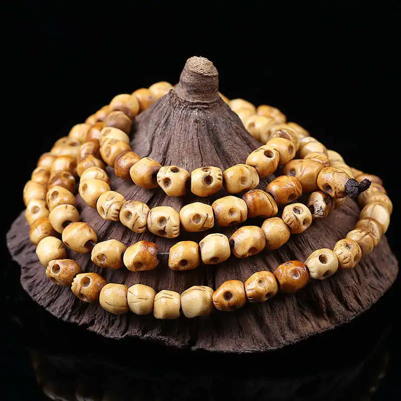 BRO863 108 бусины тибетские желтые резные из кости яка череп Молитва Malas тибетские четки ожерелье 6 мм 8 мм 10 мм