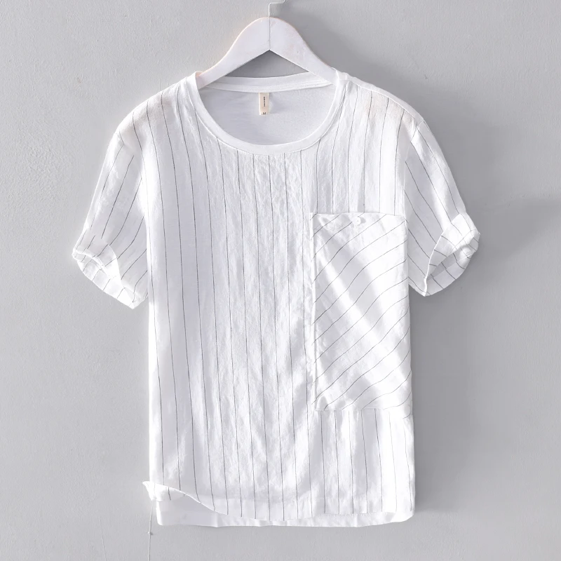 

2019 Men's linen stitching striped short-sleeved t-shirt solid summer white t shirt men fashion tops tshirt male camisa chemise