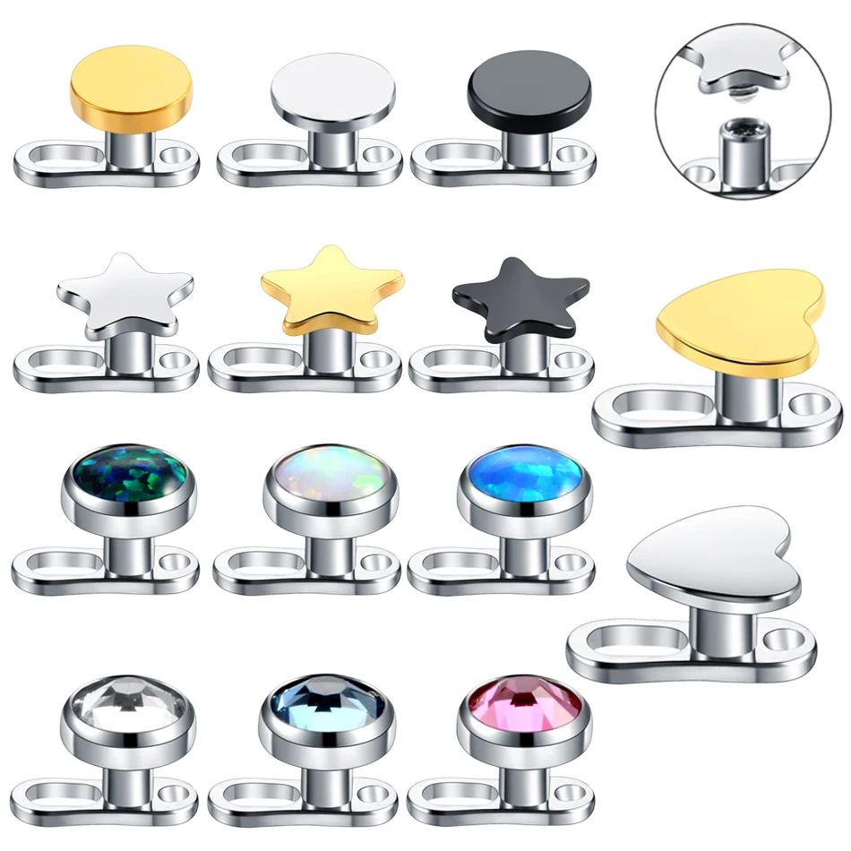 1 Pz Titanio Stella Misto Rotondo Del Cuore Della Cz Gem Style Dermal Anchor Top & Base Piercing Skin Diver Surface Piercing Sexy Girl Jewelry