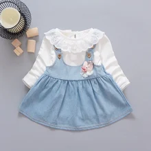 2017 Automne bébé Fête D’anniversaire de filles enfants Enfants dentelle cou À Manches Longues denim robes ensemble, princesse infantile Robe C004