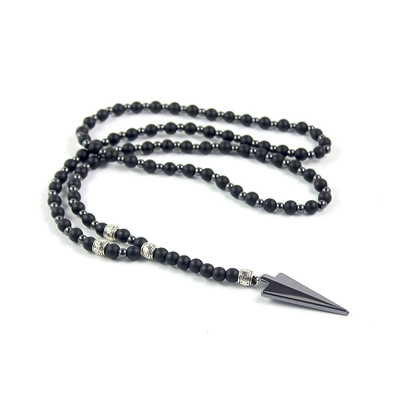 

New Design Matte Black Onyx 6mm Round Beads and Hematite Beads 4mm Long Necklace with Arrow Pendant Fashion Men's Jewelry