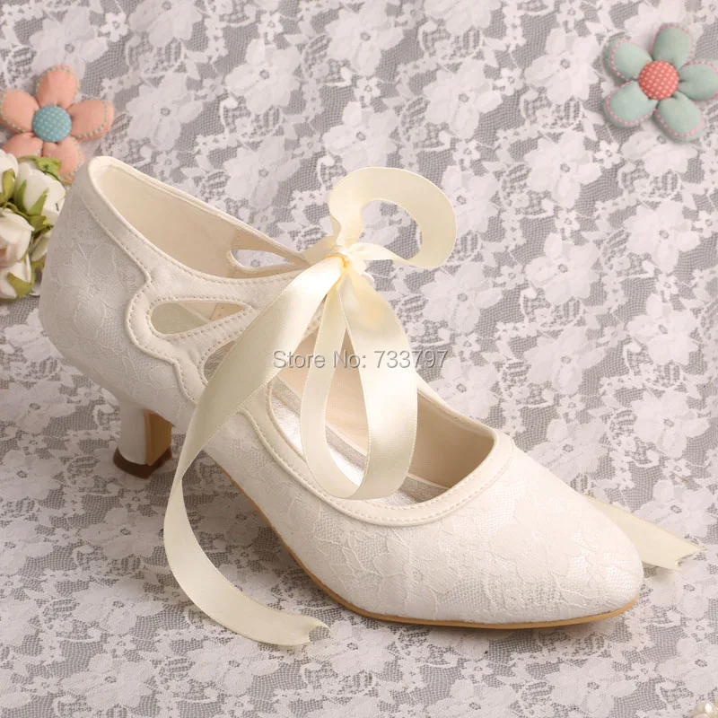 Wedopus Low Heeled Ivory Handmade Wedding Shoes Bridal Ribbon Closed