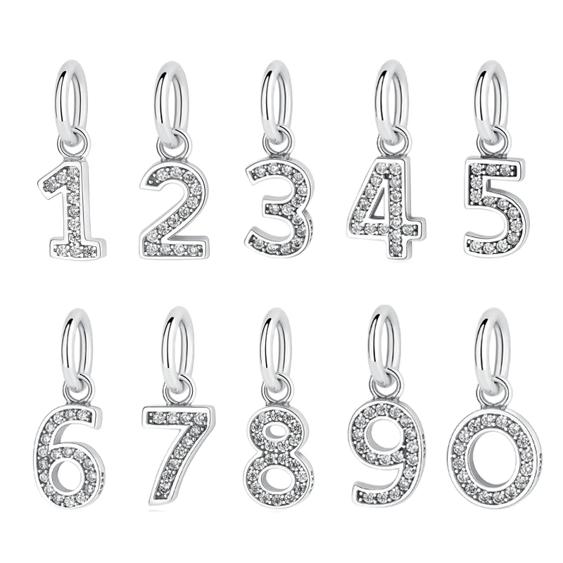 

Authentic 925 Sterling Silver Bead Lucky Number Crystal CZ Pendant Dangle Beads Fit Pandora Bracelets & Bangles DIY Jewelry 0-9