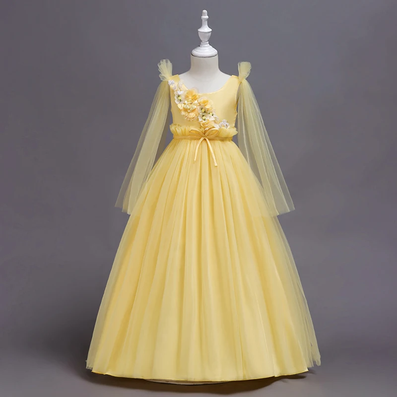 

Girls Clothes 2 7years Party Wedding Dress Long Sleeve Mesh Princess Costumes 2018 Korean Kids Clothes Green Big Bow Dance Dress