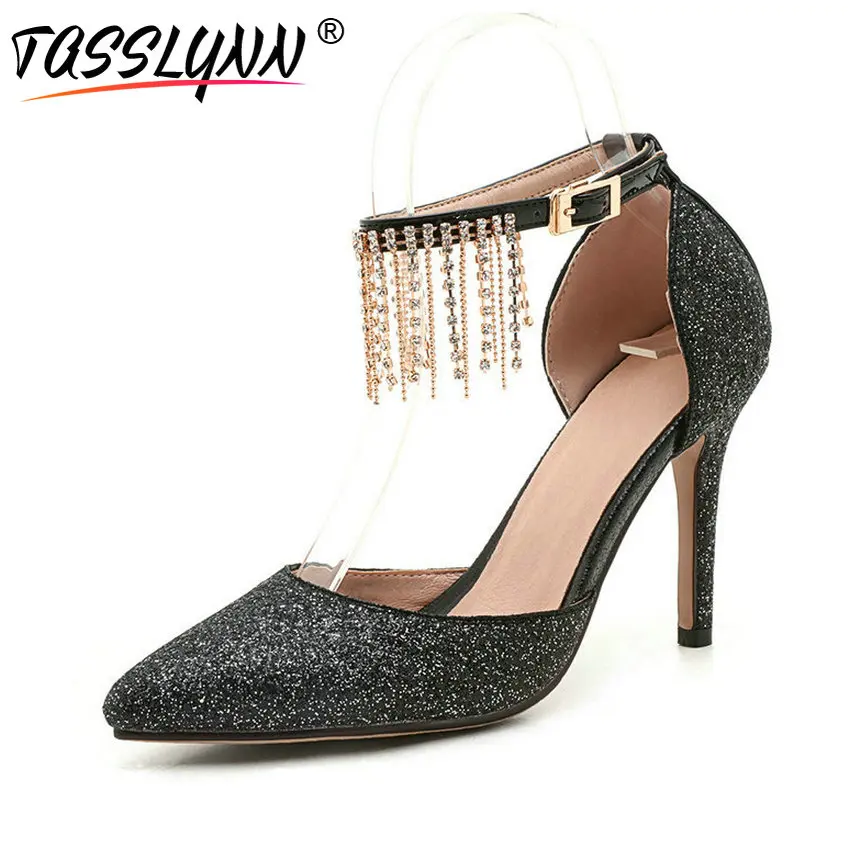 

TASSLYNN 2018 Women Pumps String Bead Pointed Toe Bling Rhinestone Thin High Heels Ladies Shoes Party Pumps Size 34-43