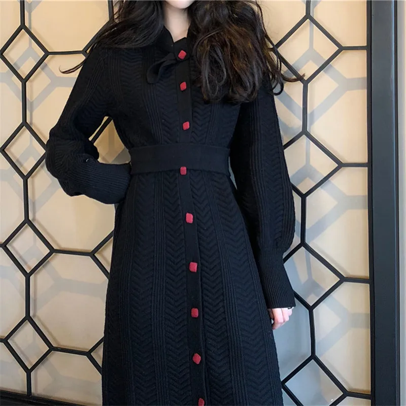 Весенний женский свитер 2019 новый длинный отрезок с высокой талией платье однобортное выше колена трикотаж осень Ретро женское платье 113