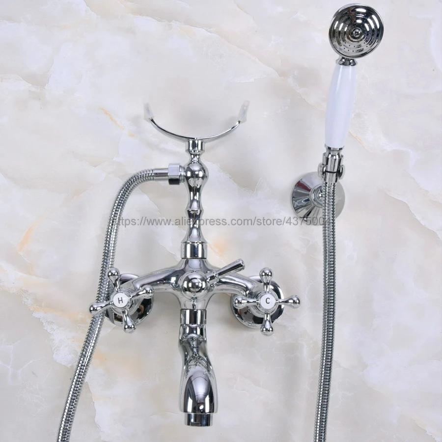 

Bathroom Polished Chrome Clawfoot Bathtub Faucet Deck Mounted Double Handle Tub Faucet With Handheld Showers Nna230