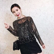 Топы Blusa Единорог Подлинная Одежда Клуб взрыв Бисер Блестки кружевная рубашка женская Европейская летняя футболка рукав голова женщины