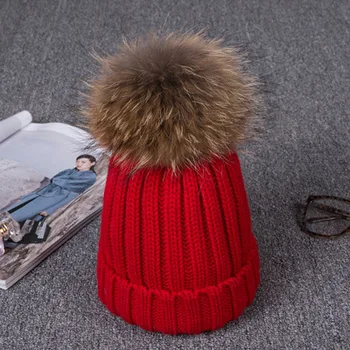 

New Fashion Women Real Raccoon Fur Skullies & Beanies Super fox fur ball Wool hat Children's Winter fur Knitted Caps
