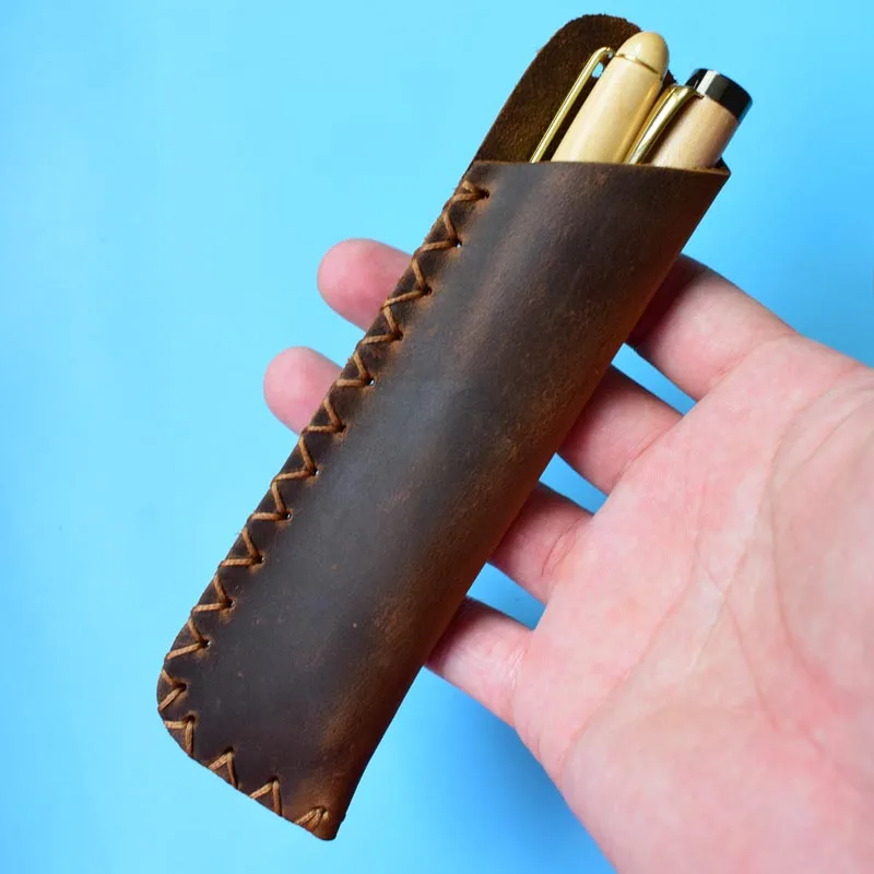 

Nature Leather Pen Bag Case Hand Made Vintage Cowhide Pencil Pouch Holder For Two Pen Retro Design Cute Stationary Office Tool