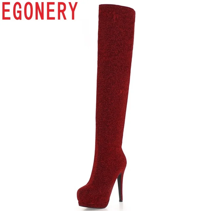 

EGONERY 2018 newest super high thin heels platform sequined cloth shoes women pointed toe slip-on lady party over the knee boots