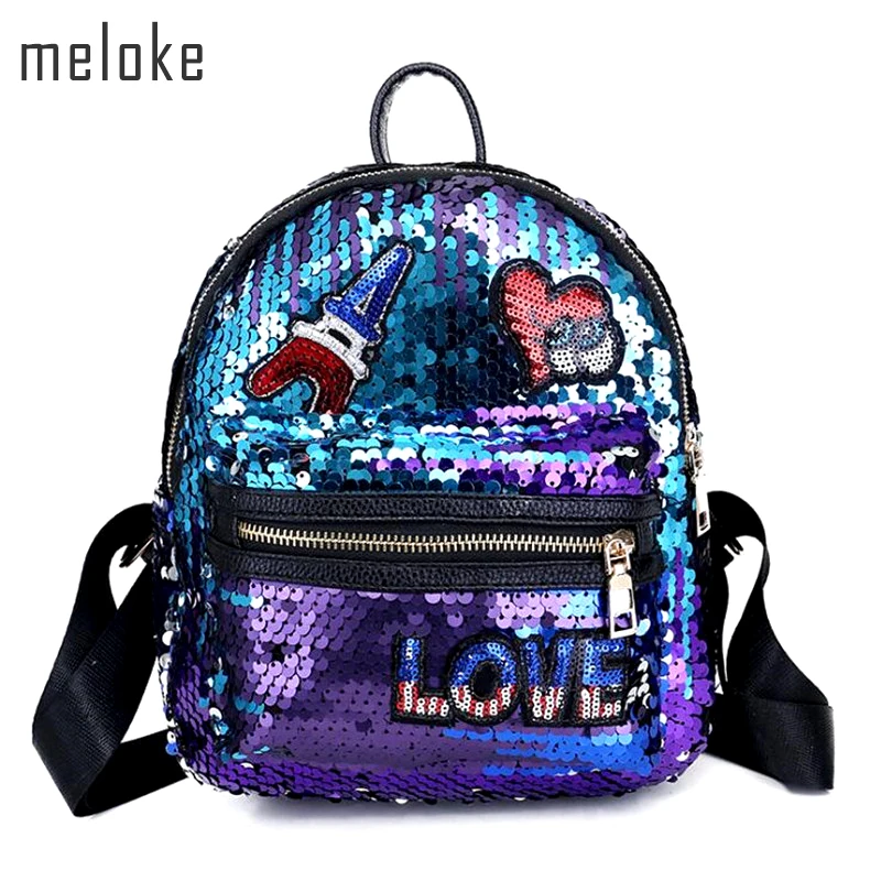 Meloke Glitter Backpack Women mini Sequin Backpacks Teenage Girls Bling heart Rucksack Gold