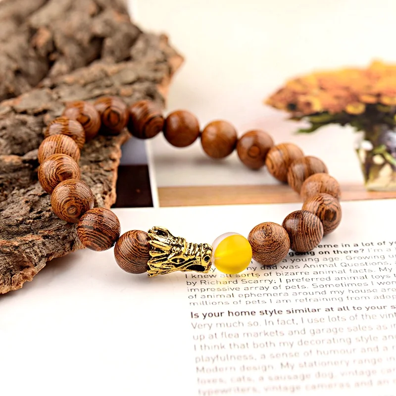 Мужской браслет из натурального дерева 10 мм классический золота с драконом