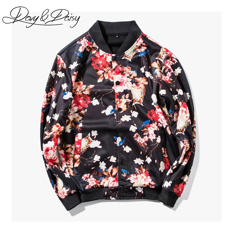 

DAVYDAISY Men Bomber Jacket Spring Black Flower Print Baseball Collar Casual Floral Jacket And Coat Men Clothing DCT-203