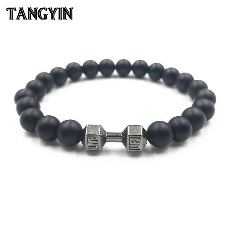 

Classic Men Energy Bracelet Scrub Volcano Natural Stone Buddha Beads Gold Silver Alloy Barbell Beaded Bracelets for Men Women