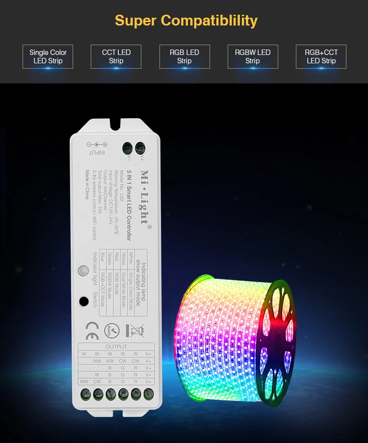 

2.4G wireless control Mi.Light LS2 DC12V-24V 5 in 1 Smart LED Controller for Single Color, CCT, RGB,RGBW,RGB+CCT LED Strip light