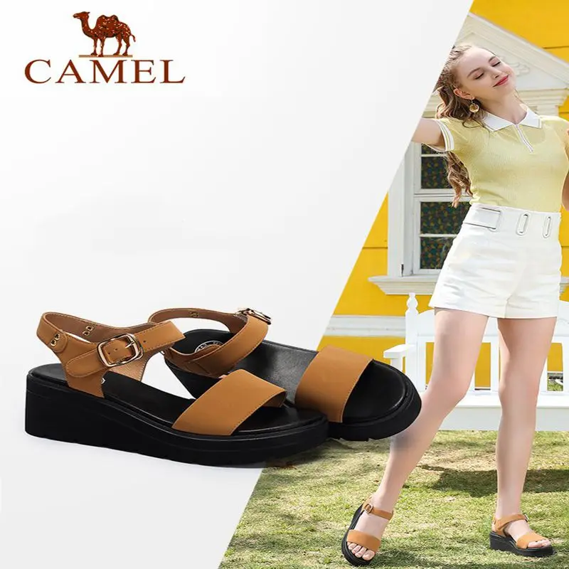 

CAMEL Woman Sandals Summer New Wedges Sandals Women Fashion Platform Casual Simple Leather Beach Sandals For Ladies Outdoor Shoe