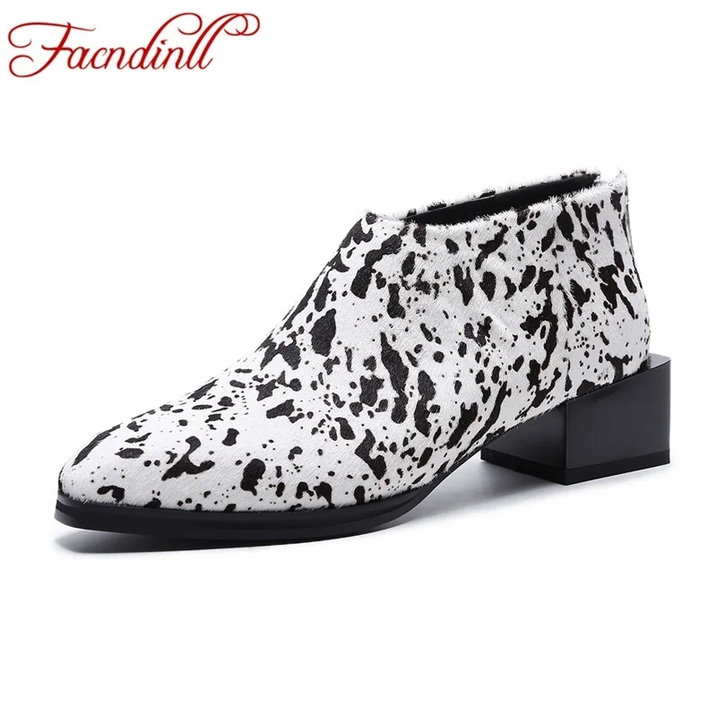 FACNDINLL genuino del pelo del caballo zapatos de las mujeres botines de cuero de moda botas de tacón alto negro zapatos de vestir casual mujer otoño botas