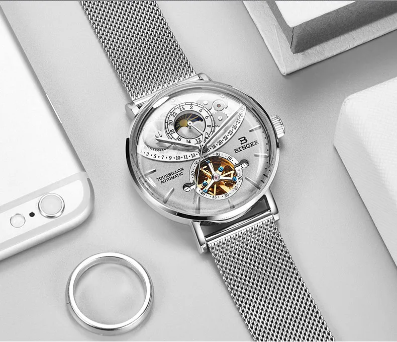 Оригинальные Роскошные Брендовые мужские часы Бингер со стальным кожаным ремешком, автоматические механические мужские водонепроницаемые часы с фазой Луны и большим циферблатом