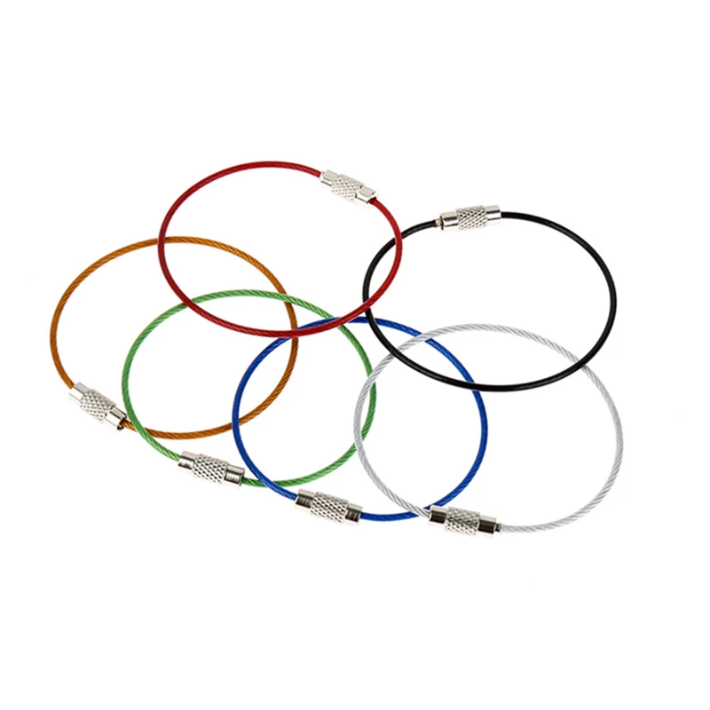 

2 pcs EDC Keychain Tag Rope Stainless Steel Wire Cable Loop Screw Lock Gadget Ring Key Keyring Circle Camp Hanging Tool