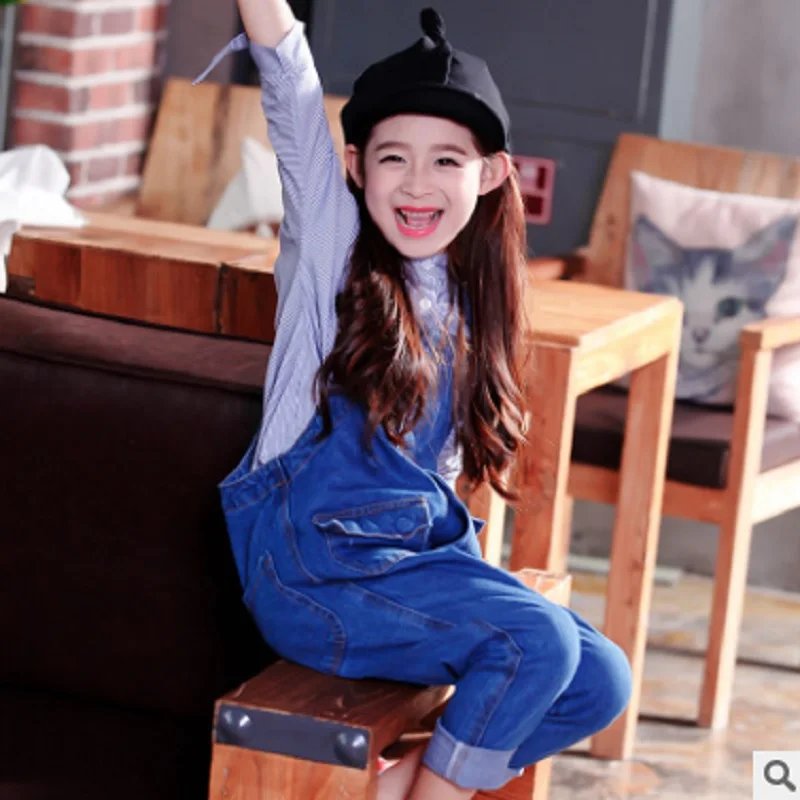 Girls Denim Overalls Jeans 2018 New Autumn Children'S Fashion Personality Two Pocket Overalls Button Pants Blue Color ly026