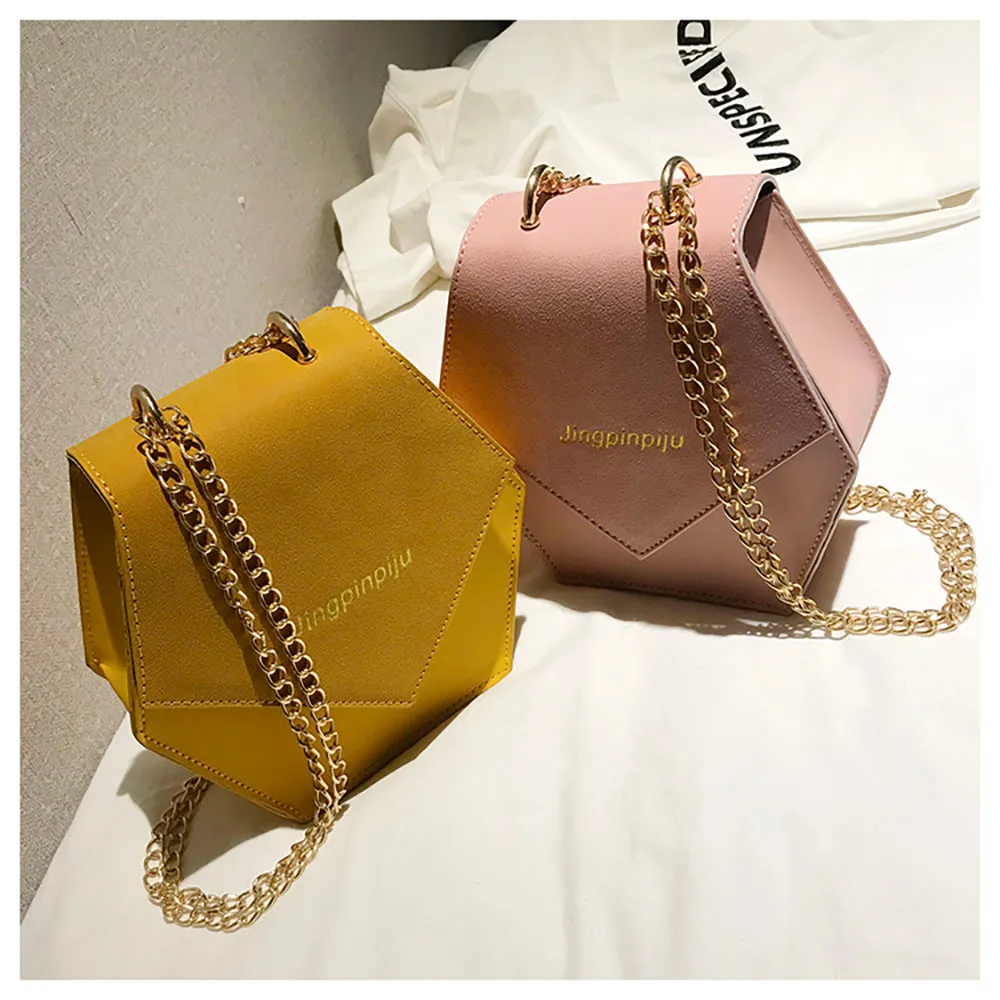 

Women PU Leather Bag Chain Shoulder Bags Geometric Hexagon Luxury Handbags Women Casual Crossbody Bag Flap Hasp Sac Femme Hot