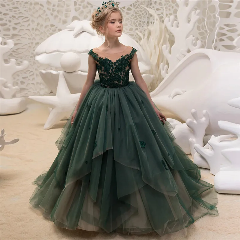 

New Elegant Luxury Green Flower Girls Dresses Long Little Girls Pageant Ball Gowns Lace Prom for Party Weddings G504