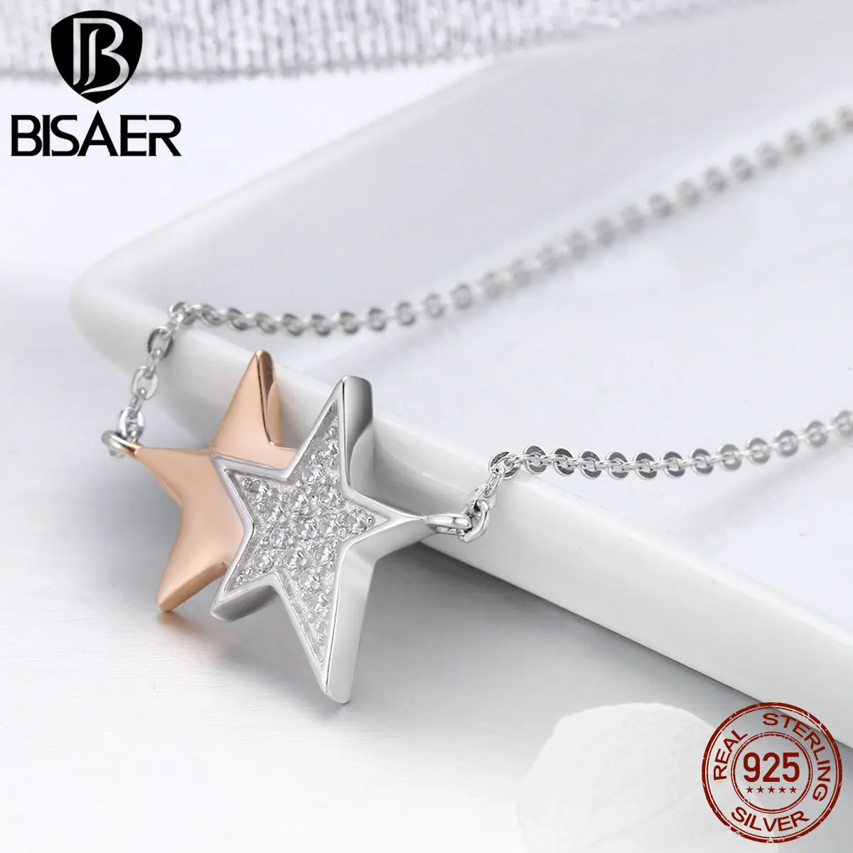 

925 Sterling Silver Necklace Clear CZ Double Color Rose Gold Color Plated Luminous Star Chain Pendant Necklace For Women HSN270