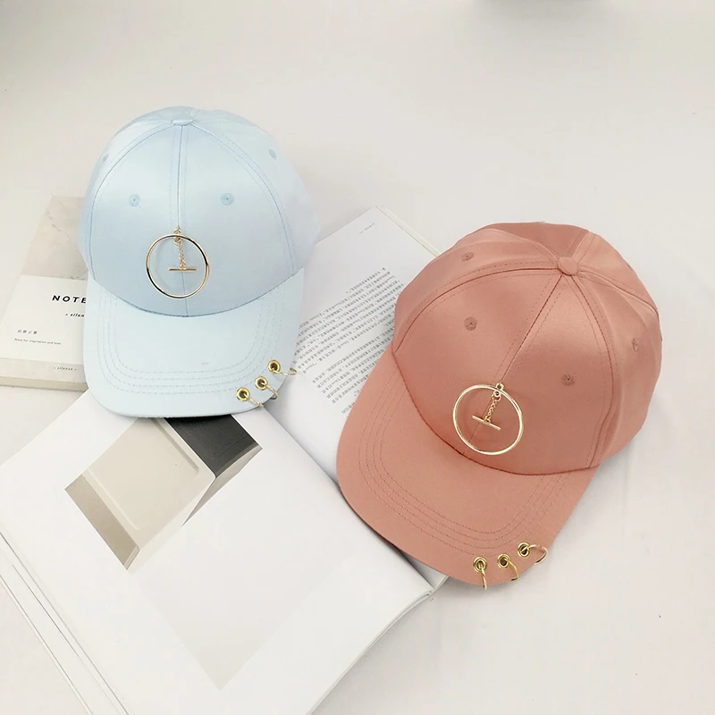 

Korean metal ring Satin baseball cap leisure curved brim beach sun hats summer spring lady peaked cap