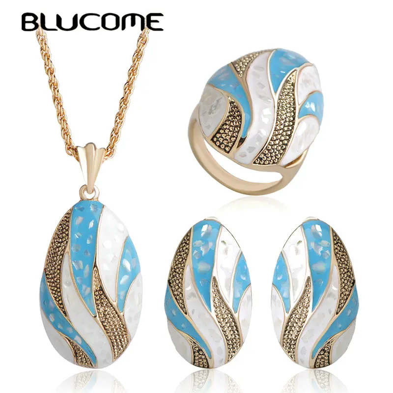 

Blucome Dubai Blue Shell Jewelry Sets Gold Color Lobster Buckle Chain French Hooks Stud Earrings Ring Set For Women Party Bijoux